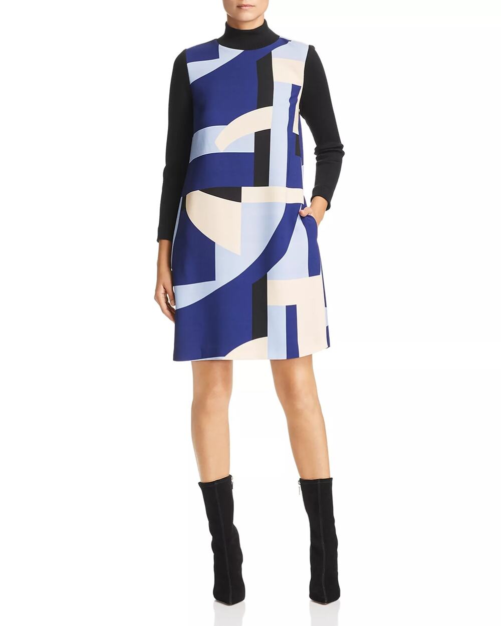 Marella Werner Rib-Detail Geo-Print Mini Shift Dress Blue & Cream Womens Medium